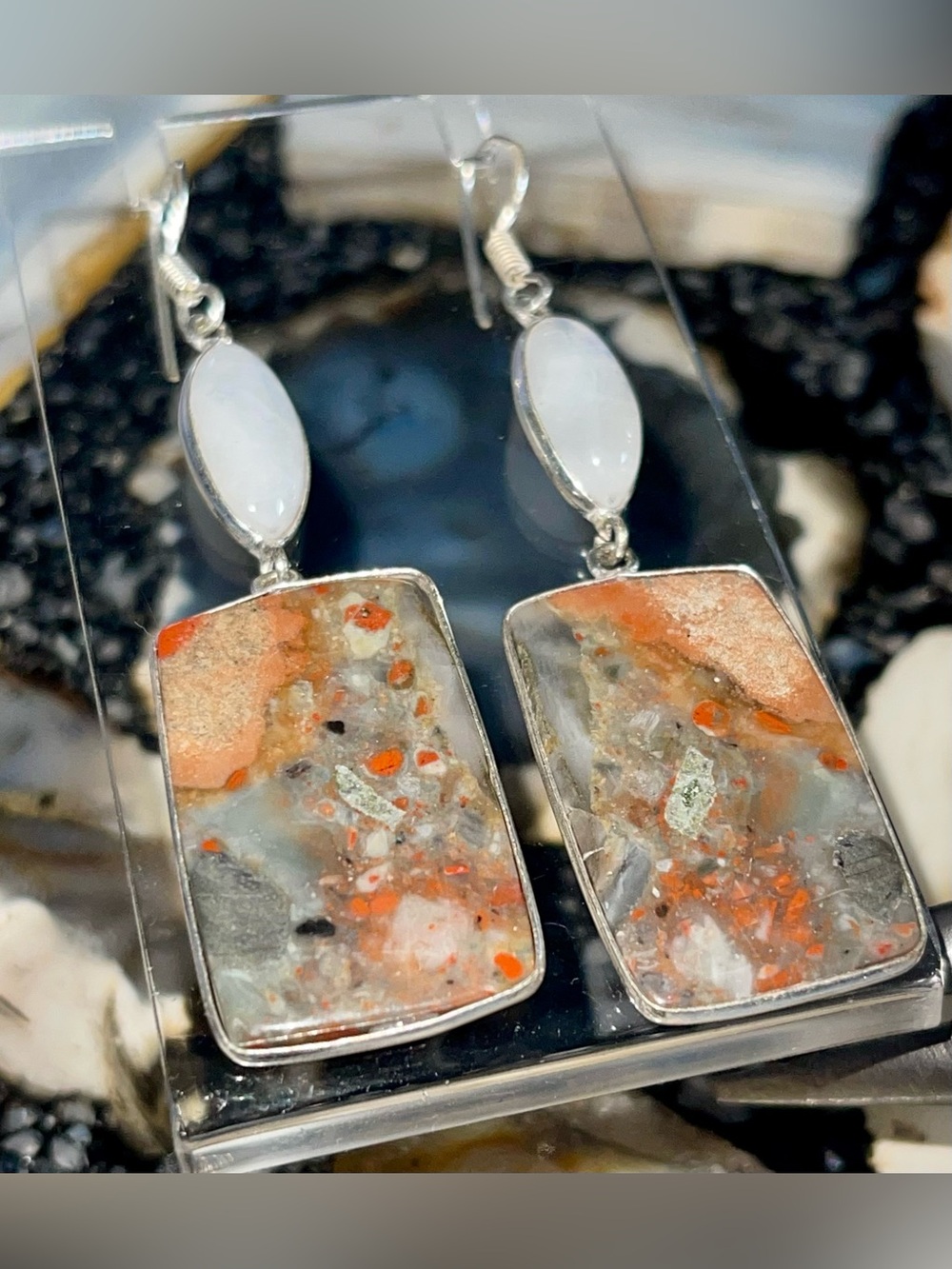 Rainbow Moonstone & Red Jasper Earrings 2 1/2”